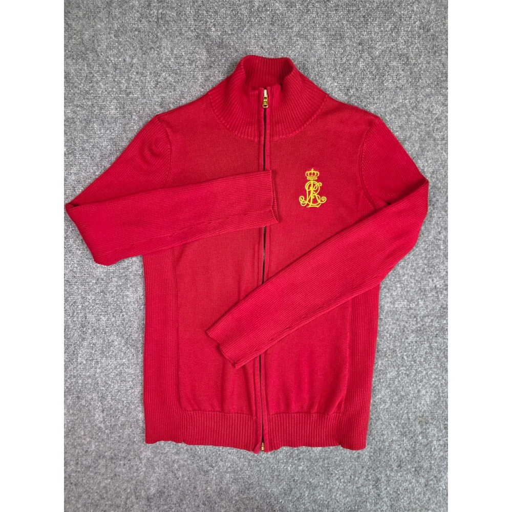 Lauren Ralph Lauren Full Zip Sweater Womens Large Red Crest Cardigan Cotton